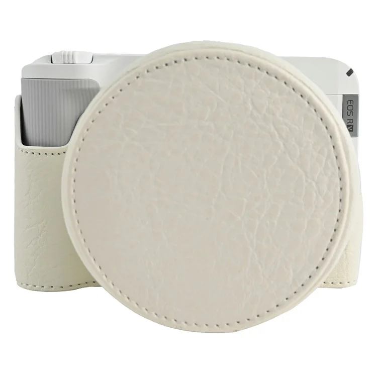 Custodia mezza in pelle PU per fotocamera Canon EOS R50 V con texture a buccia di limone, apertura batteria, cinghia a tracolla e coperchio obiettivo - Bianco