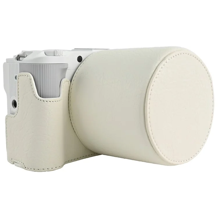 Custodia mezza in pelle PU per fotocamera Canon EOS R50 V con texture a buccia di limone, apertura batteria, cinghia a tracolla e coperchio obiettivo - Bianco