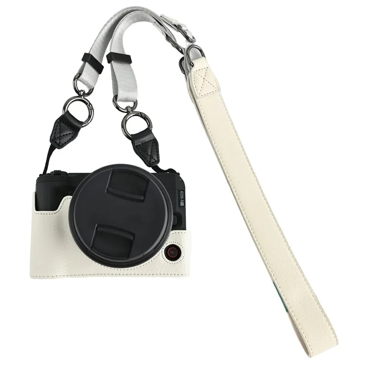 Funda de cuero sintético para cámara Canon EOS R50 V con textura de cuero, abertura para batería y correa - Blanco
