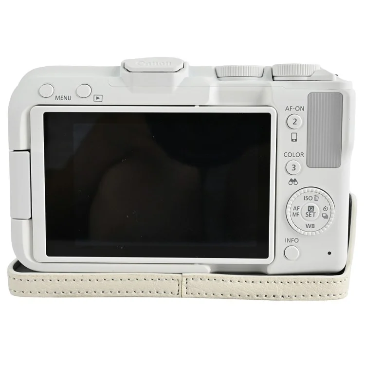 Funda de cuero sintético para cámara Canon EOS R50 V con textura de cuero, abertura para batería y correa - Blanco