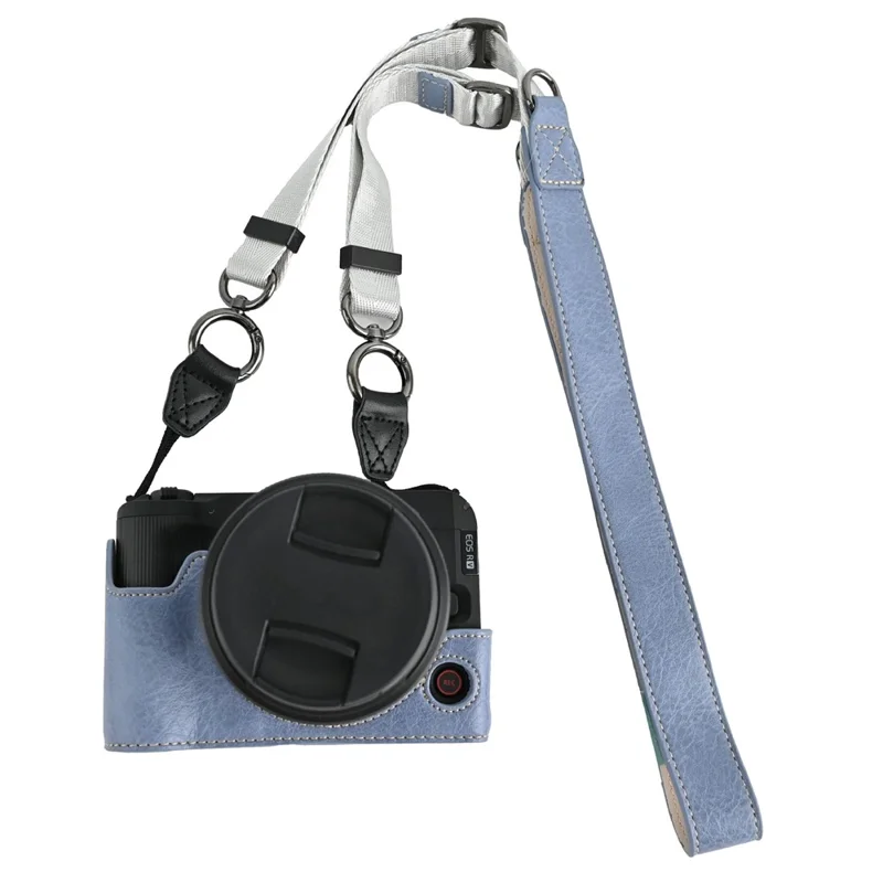 For Canon EOS R50 V Camera Half Case Litchi Texture Battery Opening PU Leather Cover with Shoulder Strap - Blue