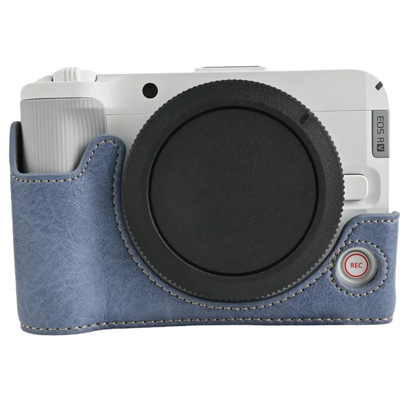 For Canon EOS R50 V Camera Half Case Litchi Texture Battery Opening PU Leather Cover with Shoulder Strap - Blue