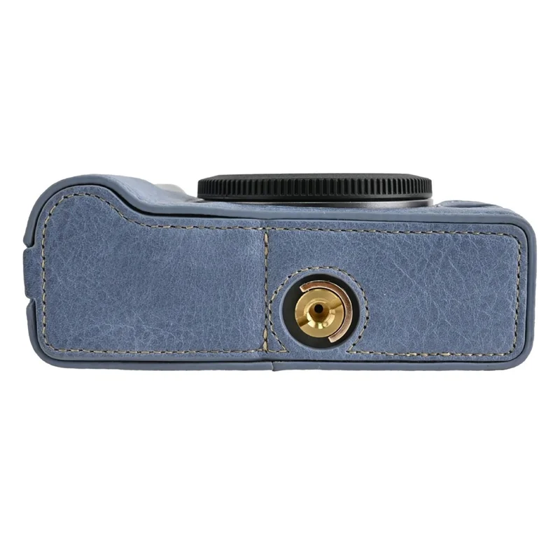 For Canon EOS R50 V Camera Half Case Litchi Texture Battery Opening PU Leather Cover with Shoulder Strap - Blue