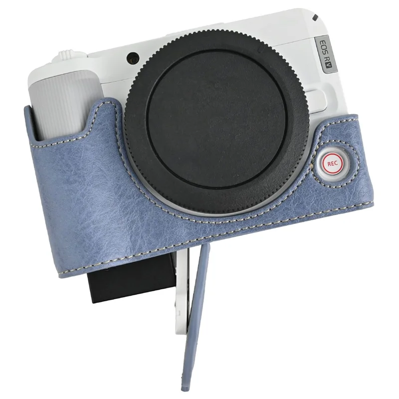 For Canon EOS R50 V Camera Half Case Litchi Texture Battery Opening PU Leather Cover with Shoulder Strap - Blue