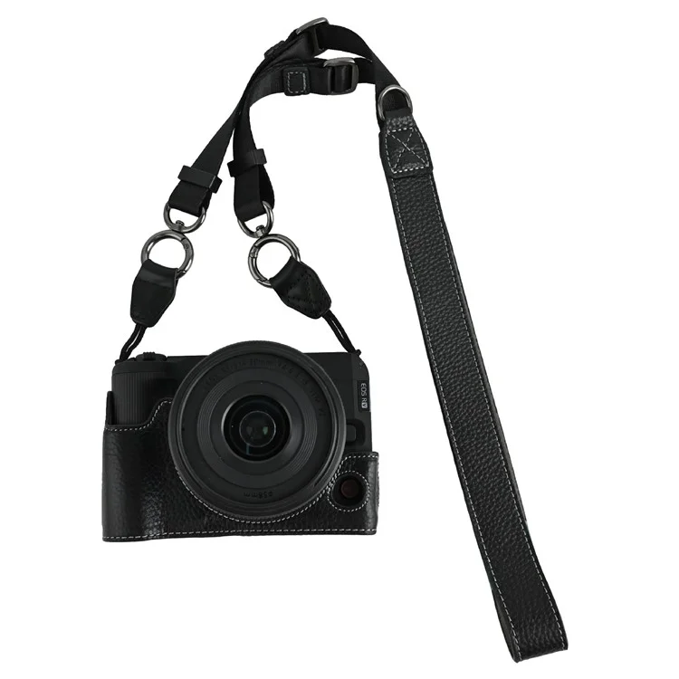For Canon EOS R50 V Camera Case Genuine Cow Leather Protective Cover with Shoulder Strap - Black