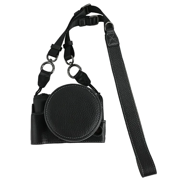 For Canon EOS R50 V Camera Case Genuine Cow Leather Protective Cover with Shoulder Strap and Lens Cap - Black