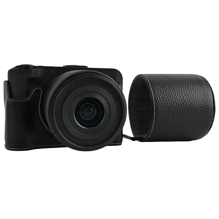 For Canon EOS R50 V Camera Case Genuine Cow Leather Protective Cover with Shoulder Strap and Lens Cap - Black