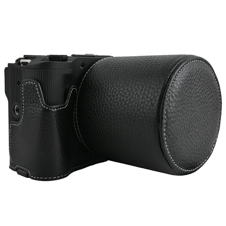 For Canon EOS R50 V Camera Case Genuine Cow Leather Protective Cover with Shoulder Strap and Lens Cap - Black