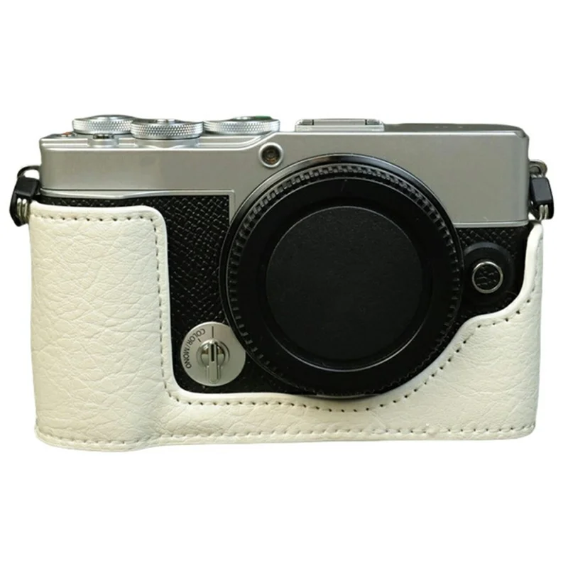 Til Olympus PEN E-P7 Kamera Bundkasse Buffalostruktur PU Læder Beskyttende Halvdæksel med Batteriadgang - Hvid