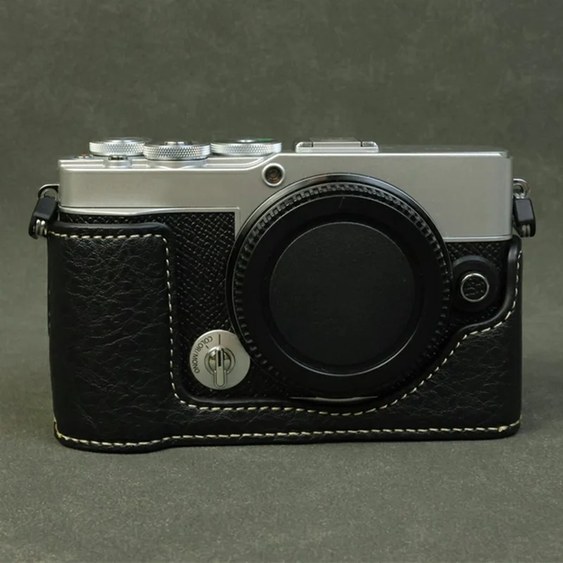 Für Olympus PEN E-P7 Kamera Bodenhülle Buffalo Textur Echtleder Schutzhülle mit Batteriezugang - Schwarz