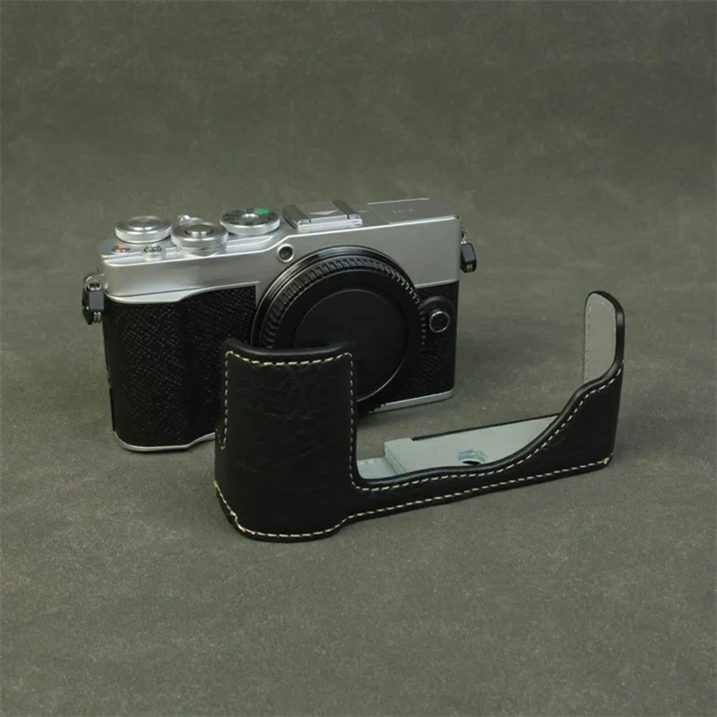 Für Olympus PEN E-P7 Kamera Bodenhülle Buffalo Textur Echtleder Schutzhülle mit Batteriezugang - Schwarz