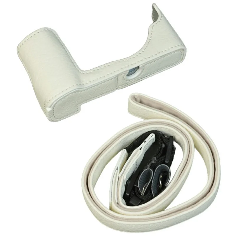 For Olympus PEN E-P7 Camera Bottom Case Buffalo Texture Battery Opening PU Leather Half Cover with Shoulder Strap - White