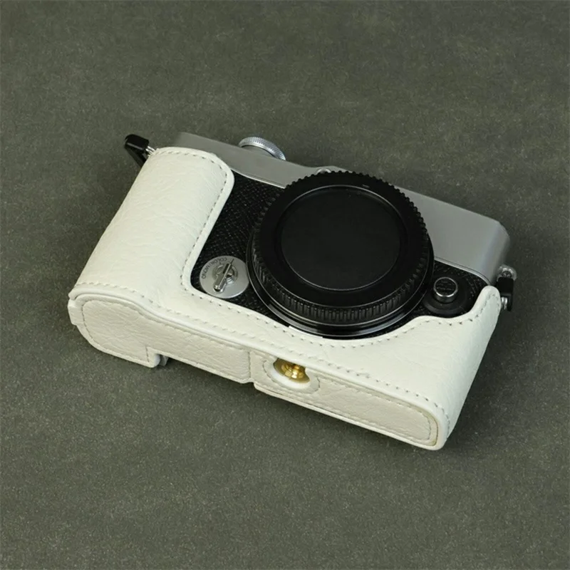 For Olympus PEN E-P7 Camera Bottom Case Buffalo Texture Battery Opening PU Leather Half Cover with Shoulder Strap - White