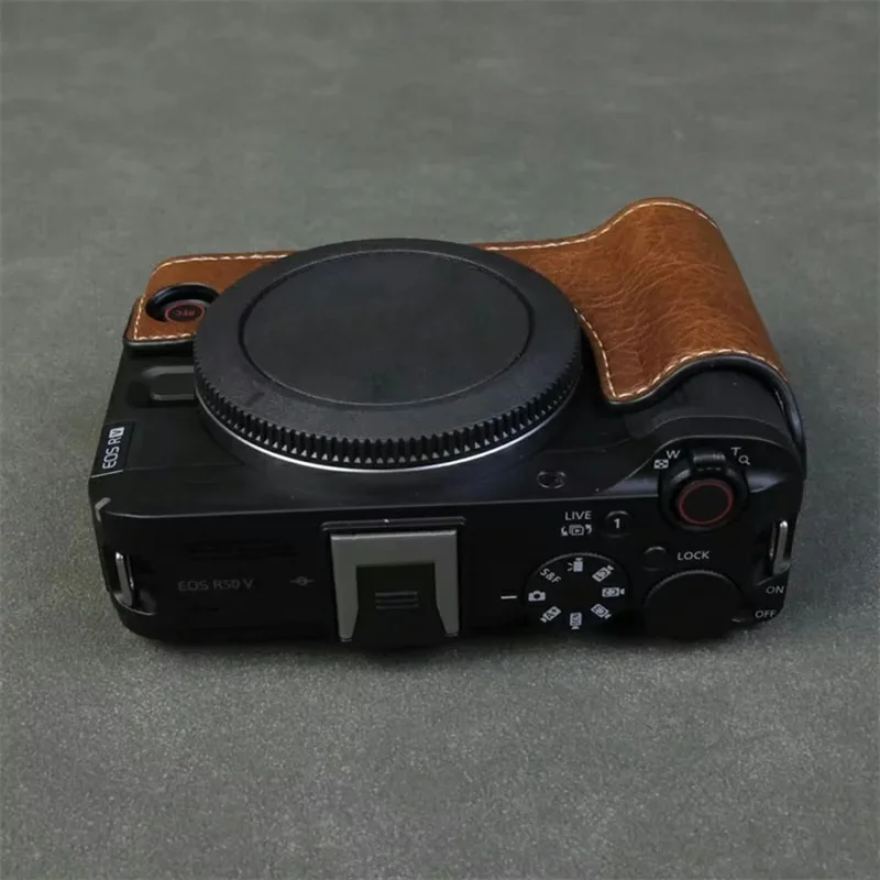 For Canon EOS R50 V Buffalo Texture PU Leather Bottom Case Half Body Camera Cover with Battery Opening - Coffee