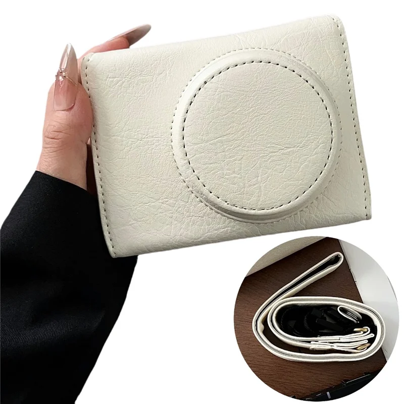 For Canon PowerShot V1 Camera Case Buffalo Texture Battery Opening Design Leather Cover with Shoulder Strap - White