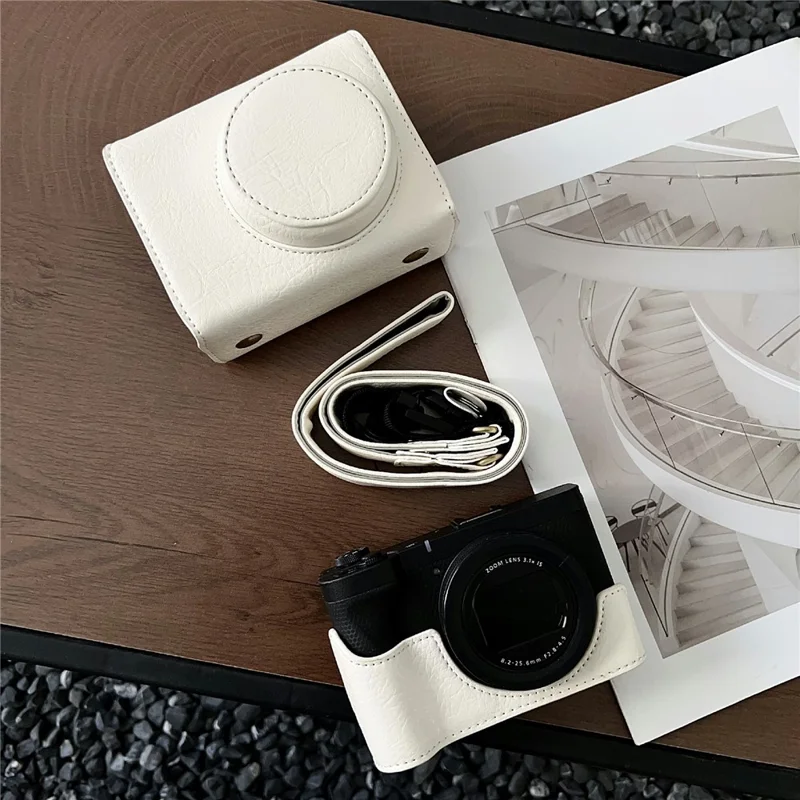 For Canon PowerShot V1 Camera Case Buffalo Texture Battery Opening Design Leather Cover with Shoulder Strap - White