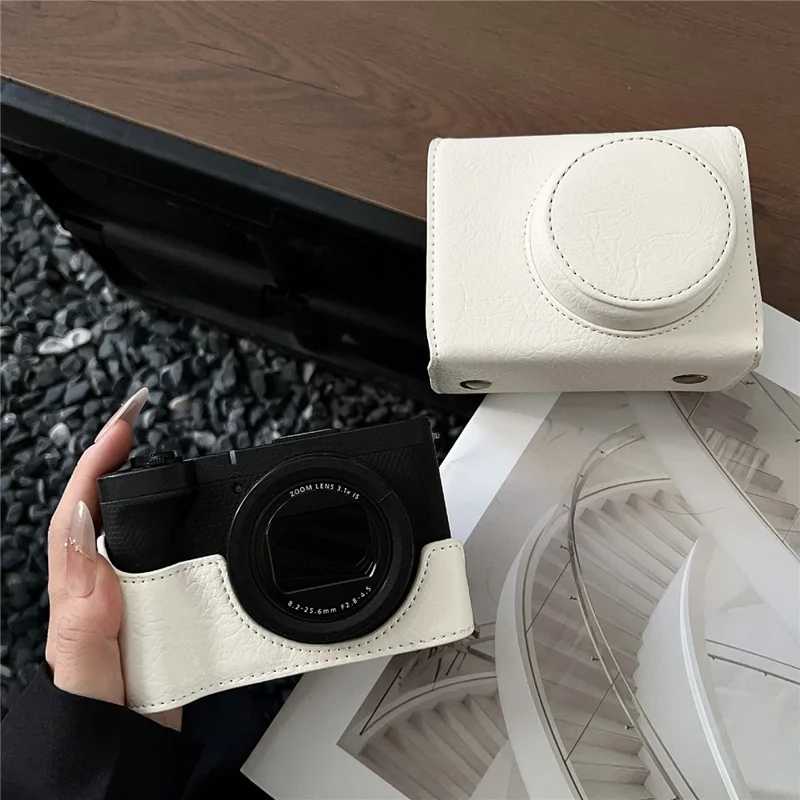 For Canon PowerShot V1 Camera Case Buffalo Texture Battery Opening Design Leather Cover with Shoulder Strap - White