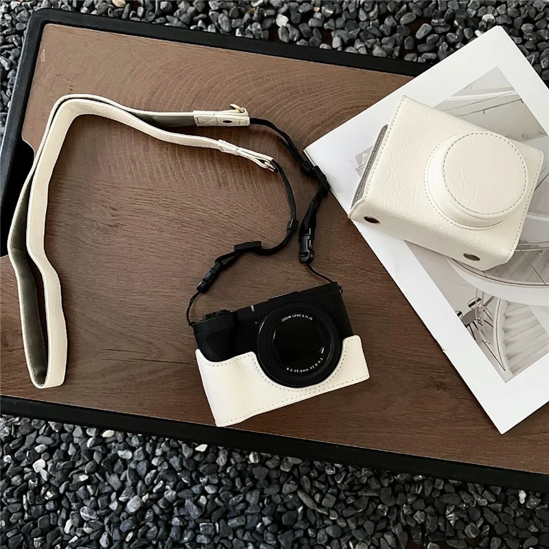 For Canon PowerShot V1 Camera Case Buffalo Texture Battery Opening Design Leather Cover with Shoulder Strap - White