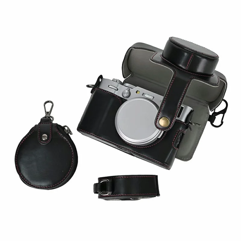 For Fujifilm X100VI Camera Case PU Leather Cover with Battery Hole + Strap + Storage Bag - Black