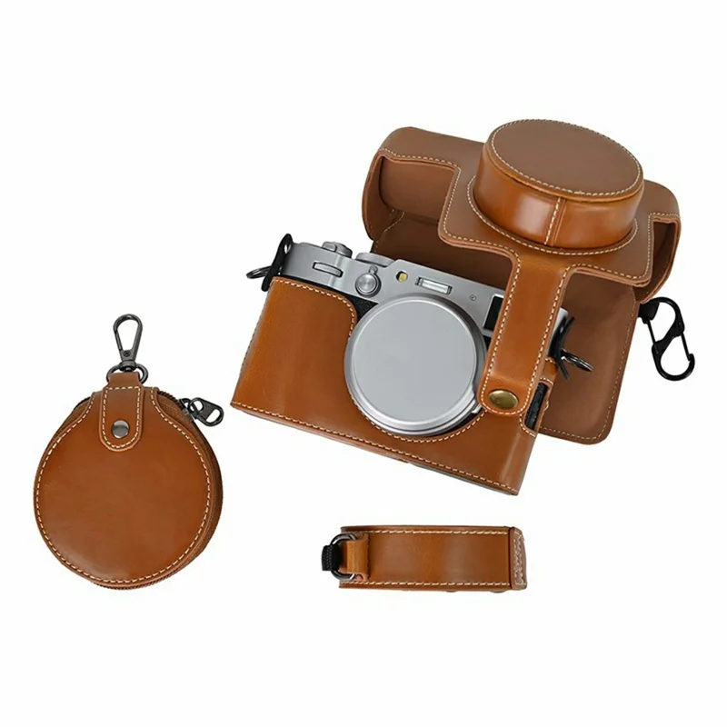 For Fujifilm X100VI Camera Case PU Leather Cover with Battery Hole + Strap + Storage Bag - Brown