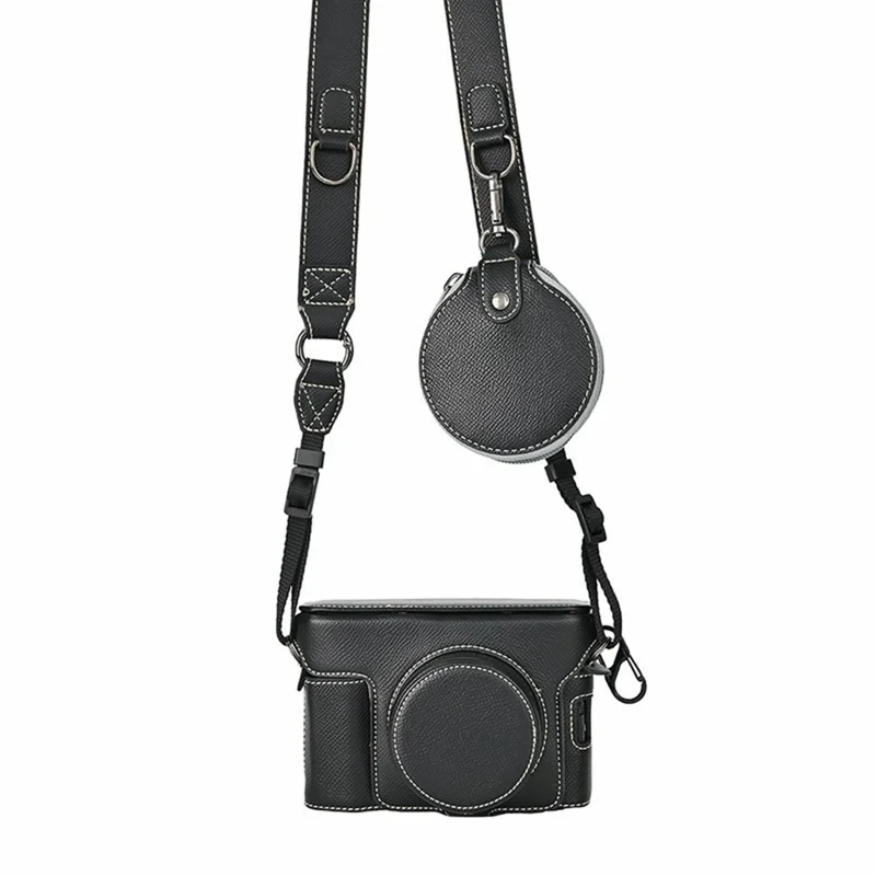 For Fujifilm X100VI Camera Case Textured PU Leather Cover with Battery Hole + Strap + Lens Storage Bag - Black
