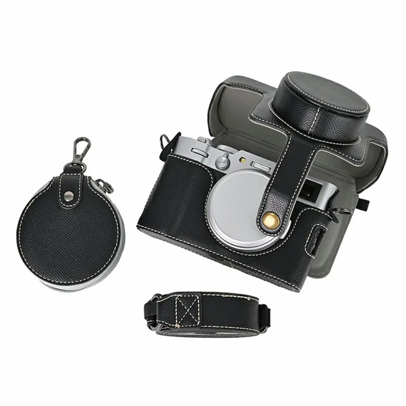 For Fujifilm X100VI Camera Case Textured PU Leather Cover with Battery Hole + Strap + Lens Storage Bag - Black