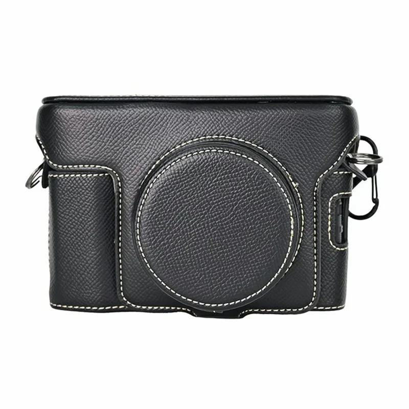 For Fujifilm X100VI Camera Case Textured PU Leather Cover with Battery Hole + Strap + Lens Storage Bag - Black