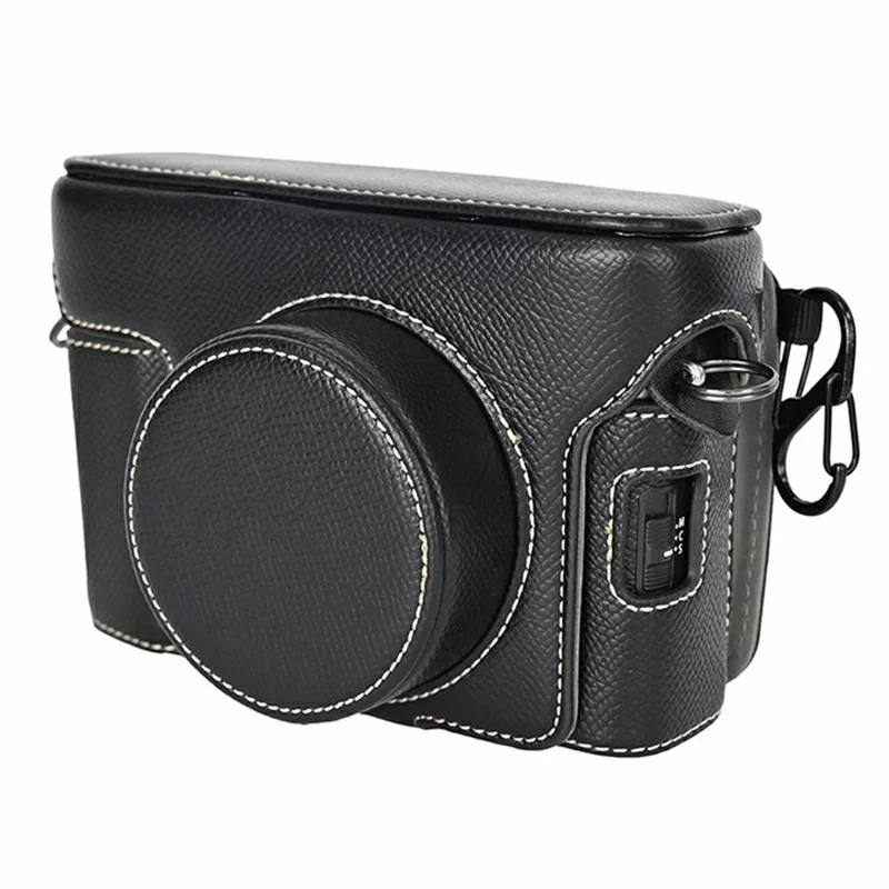 For Fujifilm X100VI Camera Case Textured PU Leather Cover with Battery Hole + Strap + Lens Storage Bag - Black