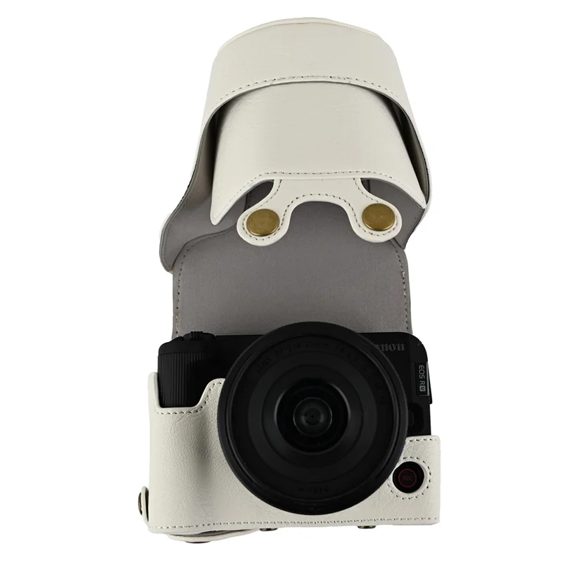 For Canon EOS R50 V Camera Case Litchi Texture Leather Cover with Battery Hole + Strap - White