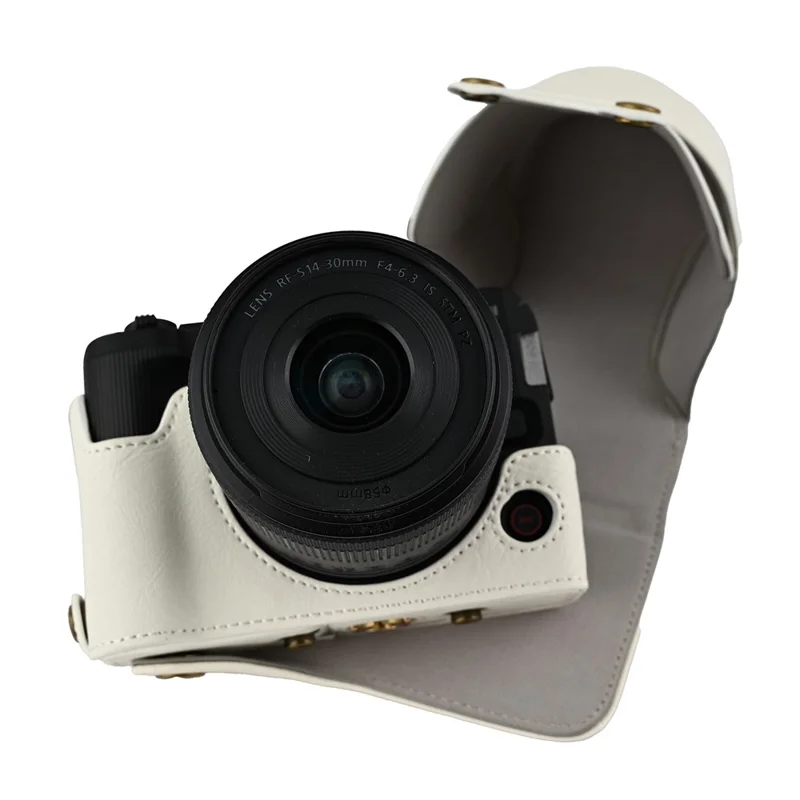 For Canon EOS R50 V Camera Case Litchi Texture Leather Cover with Battery Hole + Strap - White