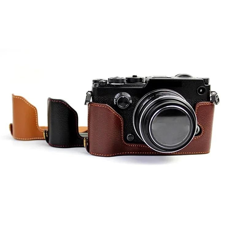 For Olympus PEN-F Genuine Leather Camera Case Bottom Opening Design Protective Half Body Cover - Black