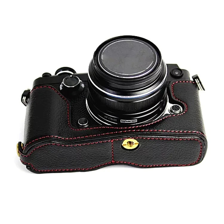 For Olympus PEN-F Genuine Leather Camera Case Bottom Opening Design Protective Half Body Cover - Black