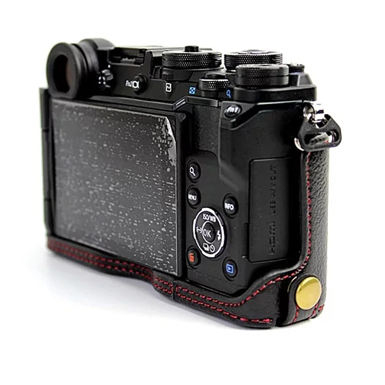 For Olympus PEN-F Genuine Leather Camera Case Bottom Opening Design Protective Half Body Cover - Black