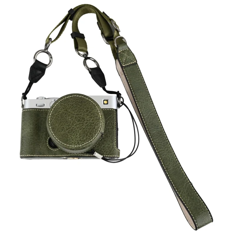 For Fujifilm X-E5 Camera Half Case Battery Opening Litchi Texture Leather Bottom Cover with Lens Cap and Shoulder Strap - Green
