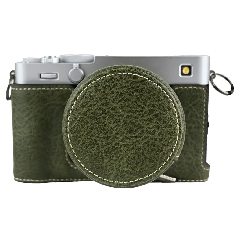For Fujifilm X-E5 Camera Half Case Battery Opening Litchi Texture Leather Bottom Cover with Lens Cap and Shoulder Strap - Green