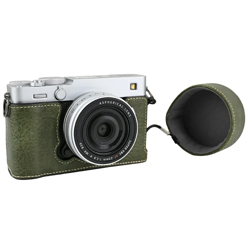For Fujifilm X-E5 Camera Half Case Battery Opening Litchi Texture Leather Bottom Cover with Lens Cap and Shoulder Strap - Green