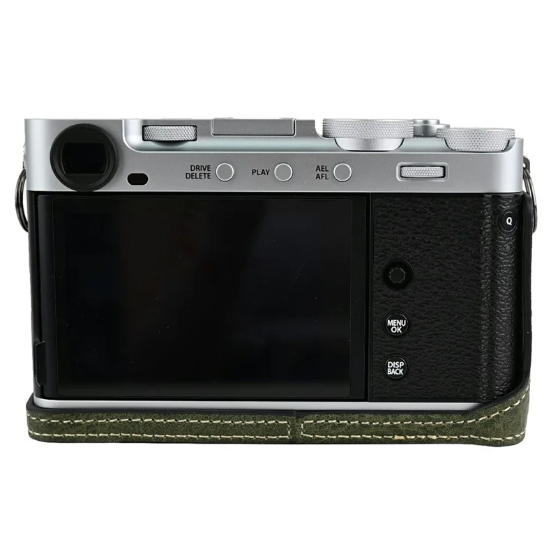 For Fujifilm X-E5 Camera Half Case Battery Opening Litchi Texture Leather Bottom Cover with Lens Cap and Shoulder Strap - Green