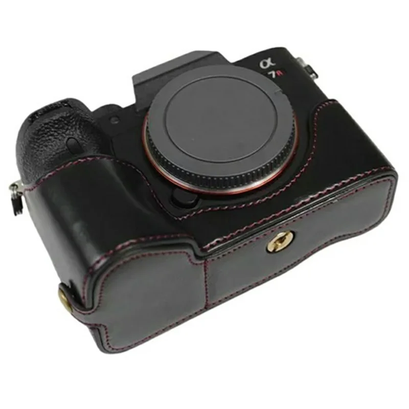 Obudowa dolna z półosłoną z premium skórzanej skóry PU do aparatu Sony A7R IV z otworem na baterię - Czarny