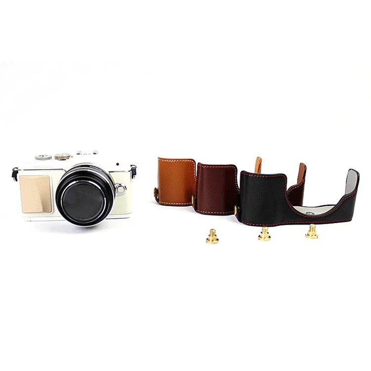 For Olympus E-PL7/PL8/PL9 Genuine Leather Camera Case Half Body Protective Cover with Bottom Opening - Black