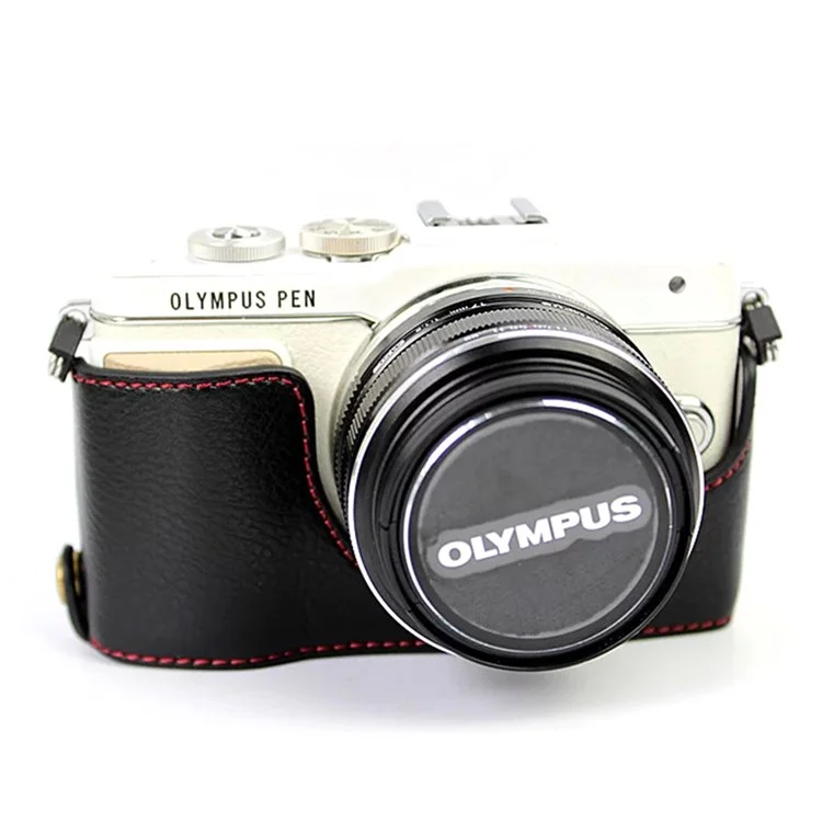 For Olympus E-PL7/PL8/PL9 Genuine Leather Camera Case Half Body Protective Cover with Bottom Opening - Black