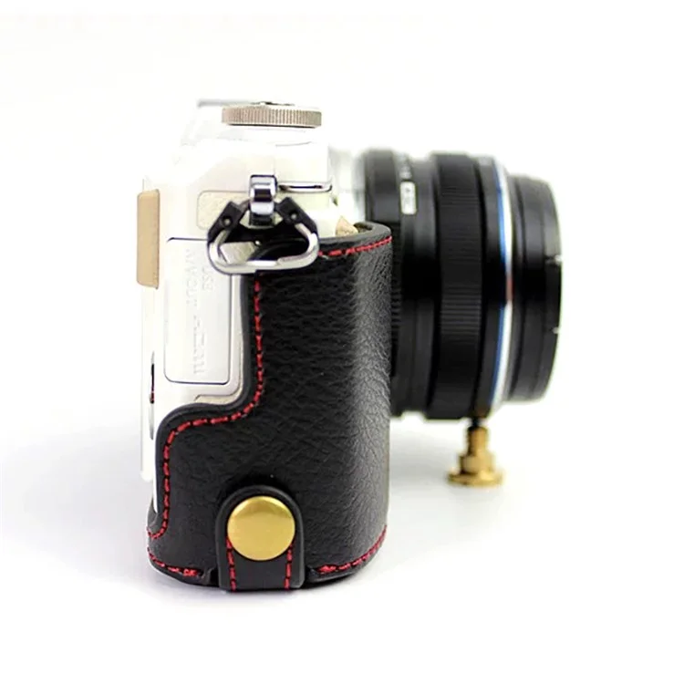 For Olympus E-PL7/PL8/PL9 Genuine Leather Camera Case Half Body Protective Cover with Bottom Opening - Black