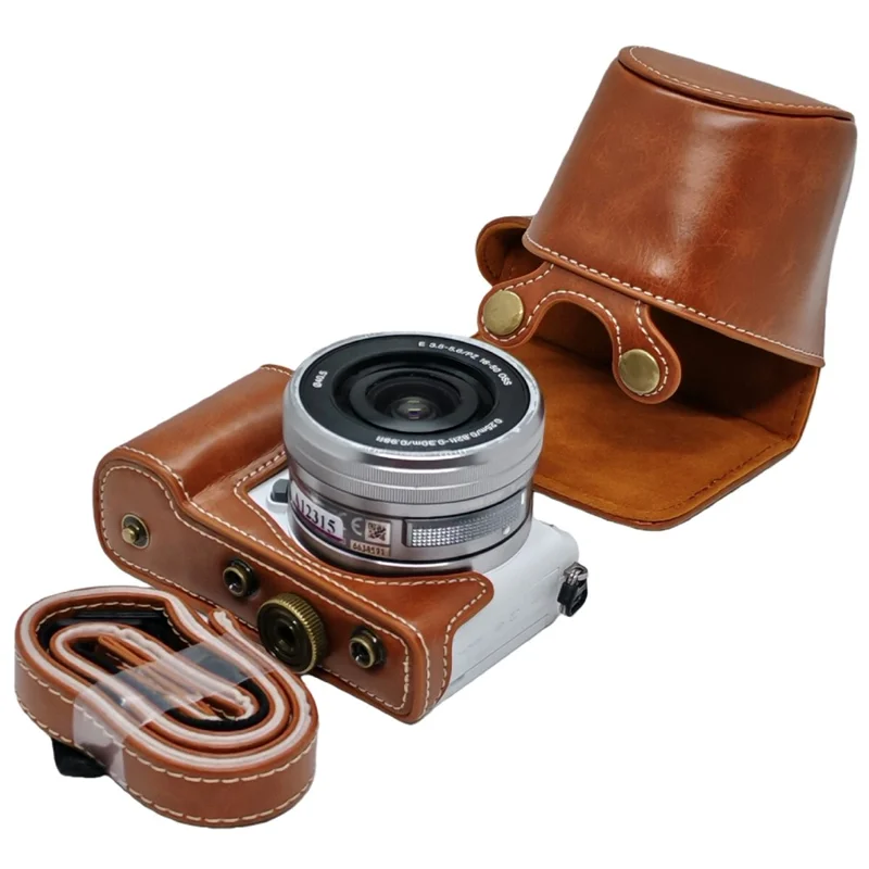 Retro kameraväska i PU-läder till Sony A5000 / A5100 / NEX3N, vit söm, kameraväska med axelrem, mjuk mikrofiberfodrad skyddsväska - Brun
