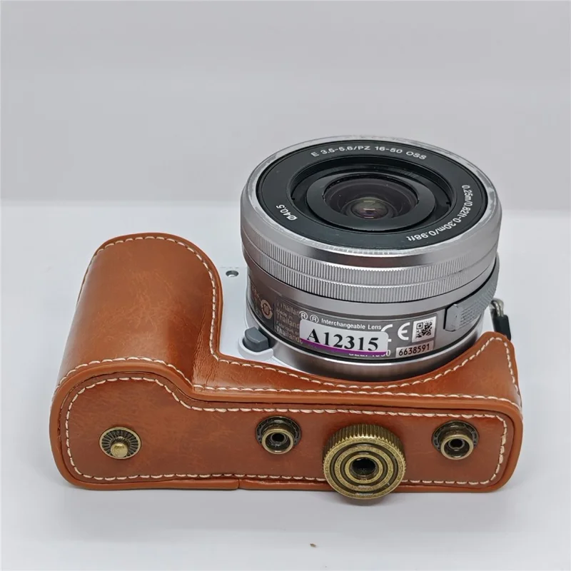 Retro kameraväska i PU-läder till Sony A5000 / A5100 / NEX3N, vit söm, kameraväska med axelrem, mjuk mikrofiberfodrad skyddsväska - Brun