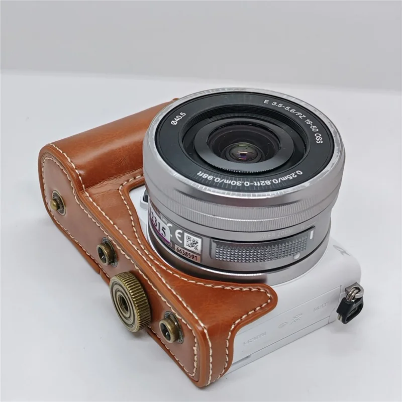 Retro kameraväska i PU-läder till Sony A5000 / A5100 / NEX3N, vit söm, kameraväska med axelrem, mjuk mikrofiberfodrad skyddsväska - Brun