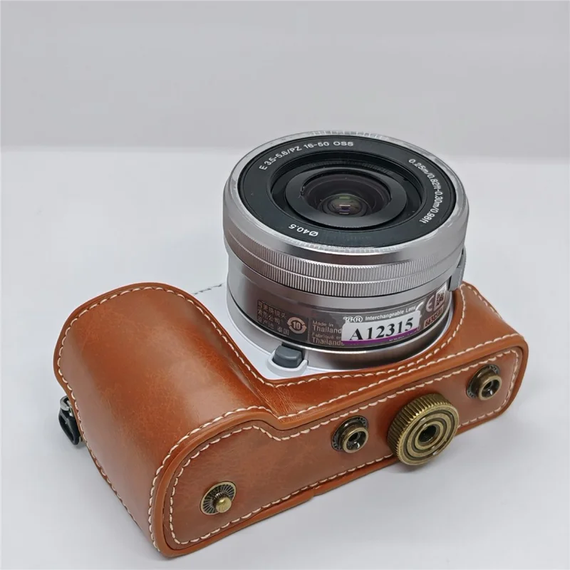 Retro kameraväska i PU-läder till Sony A5000 / A5100 / NEX3N, vit söm, kameraväska med axelrem, mjuk mikrofiberfodrad skyddsväska - Brun