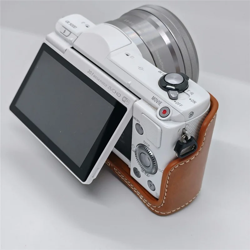 Retro kameraväska i PU-läder till Sony A5000 / A5100 / NEX3N, vit söm, kameraväska med axelrem, mjuk mikrofiberfodrad skyddsväska - Brun