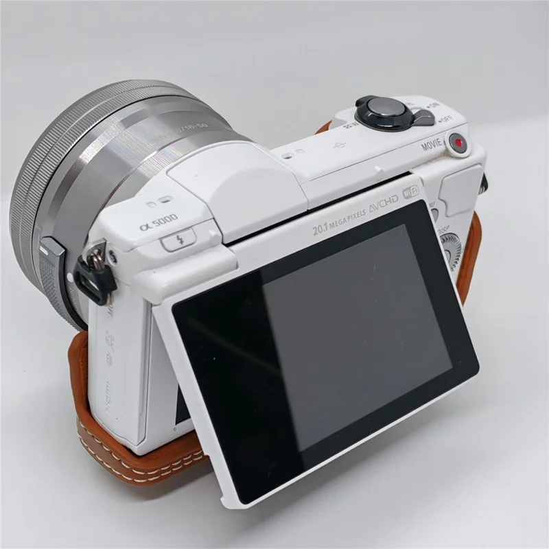 Retro kameraväska i PU-läder till Sony A5000 / A5100 / NEX3N, vit söm, kameraväska med axelrem, mjuk mikrofiberfodrad skyddsväska - Brun