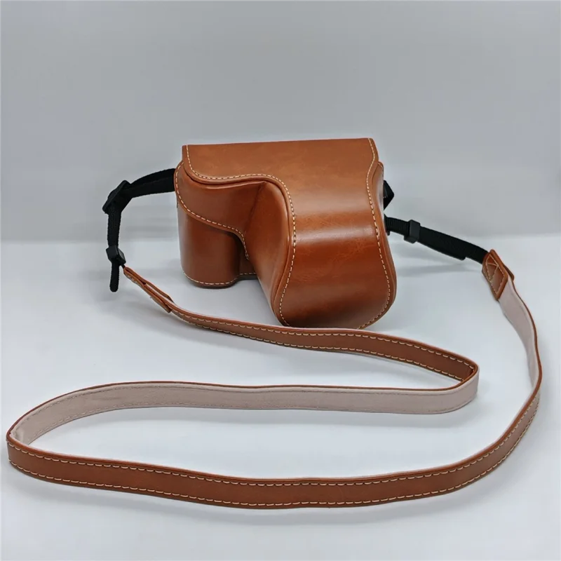 Retro kameraväska i PU-läder till Sony A5000 / A5100 / NEX3N, vit söm, kameraväska med axelrem, mjuk mikrofiberfodrad skyddsväska - Brun