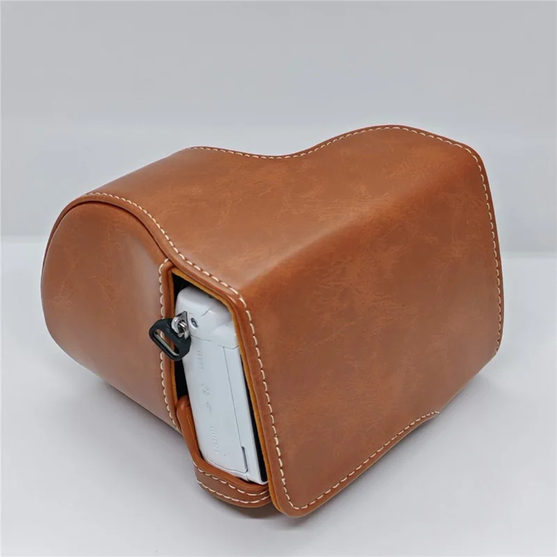 Retro kameraväska i PU-läder till Sony A5000 / A5100 / NEX3N, vit söm, kameraväska med axelrem, mjuk mikrofiberfodrad skyddsväska - Brun