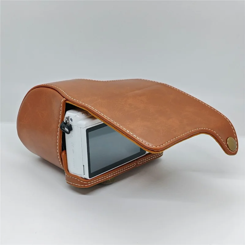 Retro kameraväska i PU-läder till Sony A5000 / A5100 / NEX3N, vit söm, kameraväska med axelrem, mjuk mikrofiberfodrad skyddsväska - Brun